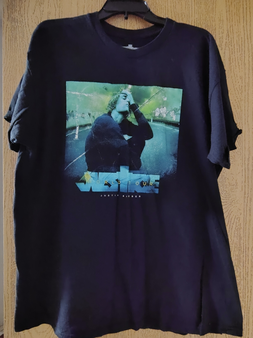 Justin Bieber Black Tee with Green Photo Graphic